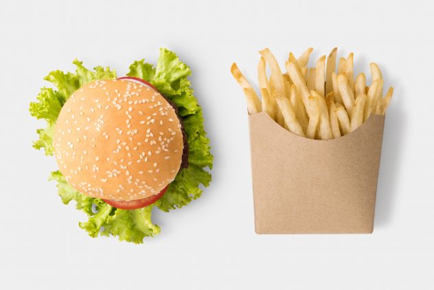 Concept of mock up burger and french fries on white background hamburger