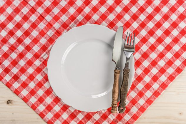 Restaurant Table Setup on Checkered Tablecloth