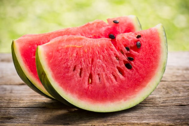 Watermelon slices on the wooden table