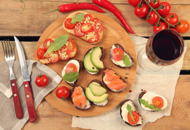 salmon avocado chili dish tomato meal canape