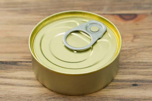 canned food on brown wooden background fish can food