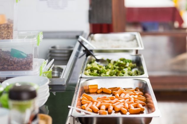 Lunch service station in school cafeteria buffet