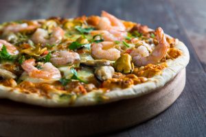 Pizza with seafood frutti di mare shrimp mussel