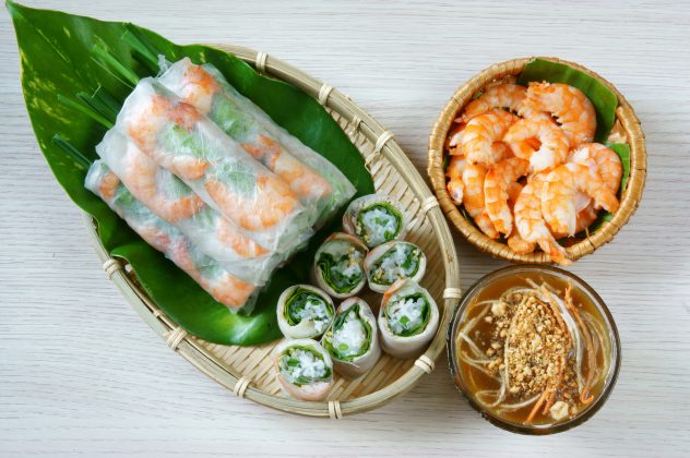 Vietnamese food, goi cuon, salad roll rice paper roll shrimp exotic food meal dinner lunch