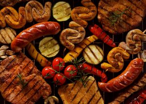 Mix products from the grill. View from the top, perfect for back sausages vegetables grilling bbq