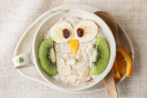 Owl porridge breakfast , food art for kids