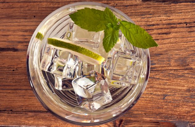 alcoholic drink with lemon and ice on a old wooden table gin