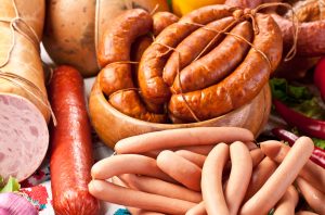 Variety of sausage products. meat processed