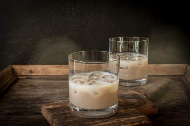 Irish cream liqueur in a glass with ice.