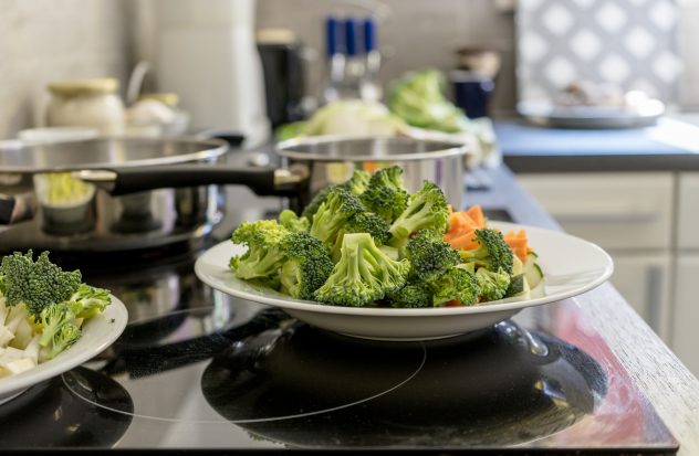 vegetables / Plate with raw broccoli and carrots cooking boil home making food kitchen