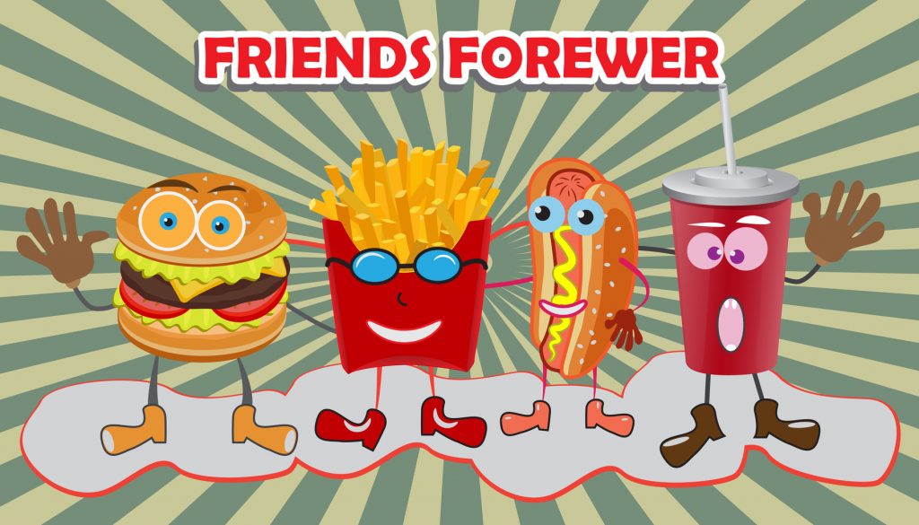 A group of friendly Fast Food meals. Smile concept. Vector illustration.