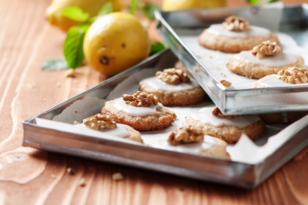 Lemon cookie with mint and walnut, selective focus