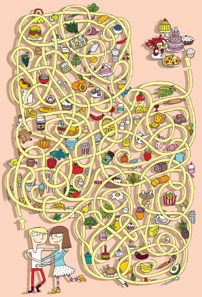 Food Maze Game. Solution in hidden layer! Illustration is in eps10 vector mode!