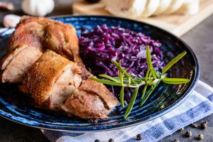 Roasted duck with stewed red cabbage and dumplings
