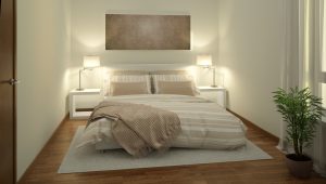 Rendering of a modern light colored bedroom