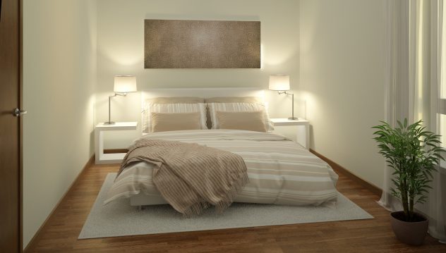 Rendering of a modern light colored bedroom